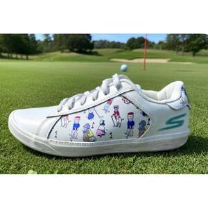Skechers Go Golf Womens 8 White Leather Dog Print Spikeless Shoes 17011 WBL